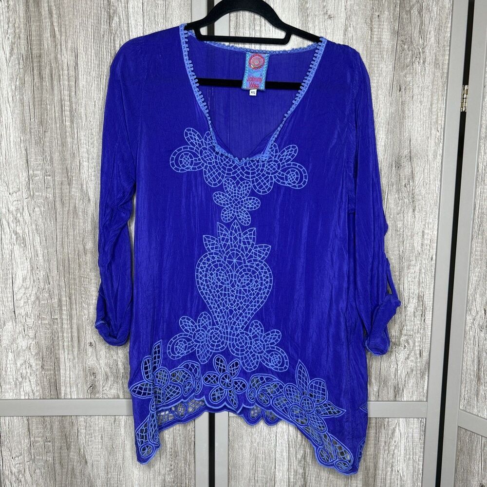 Johnny Was Embroidered Bohemian Tunic Top Purple Blue Color Size XS